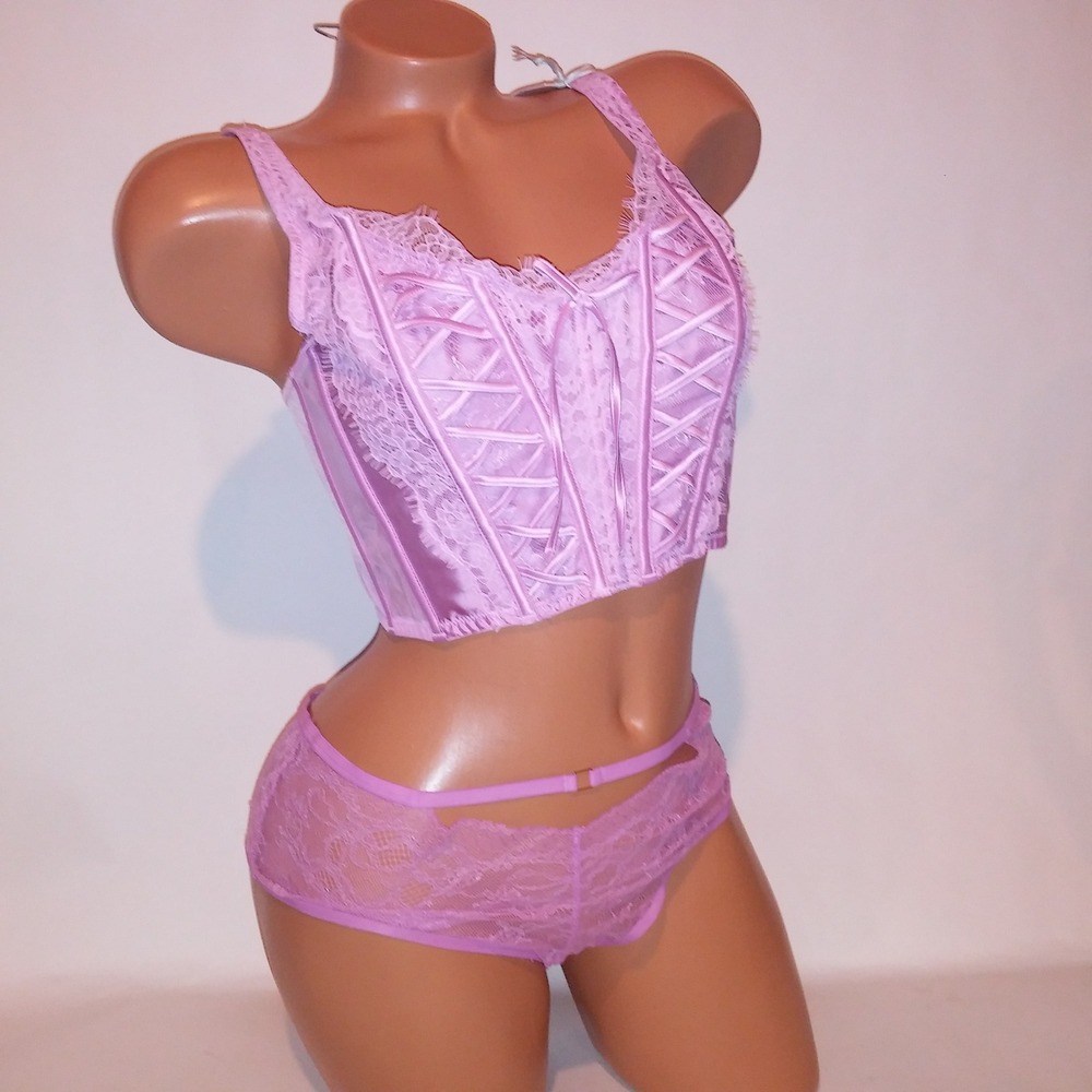 Victoria Secret Bra Set Bustier & Panty Large Pinkish Purple Lace Boned Cheeky - Picture 3 of 14